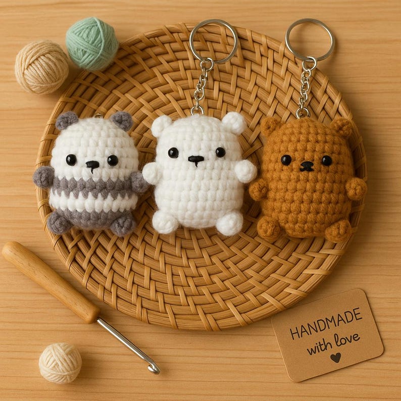 Handmade Crochet Bear Keychain – Cute Amigurumi Teddy Bear Bag Charm, Kawaii Plush Keyring, Animal Lover Gift, Backpack Accessories